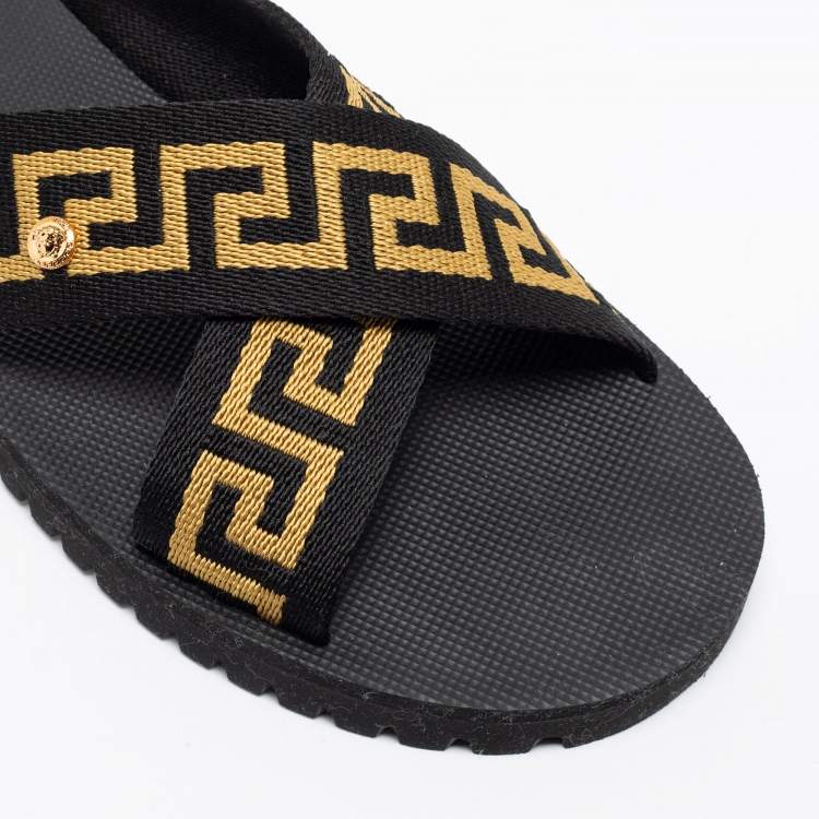 Pre Owned Versace Black/Gold Canvas Nastro Greca Cross Strap Sandals Size 41