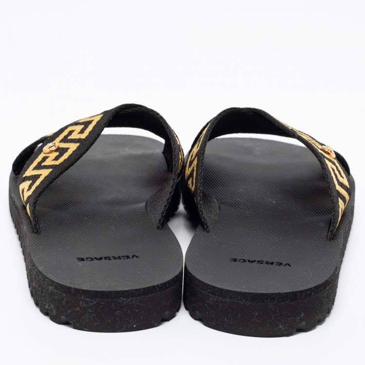 Pre Owned Versace Black/Gold Canvas Nastro Greca Cross Strap Sandals Size 41
