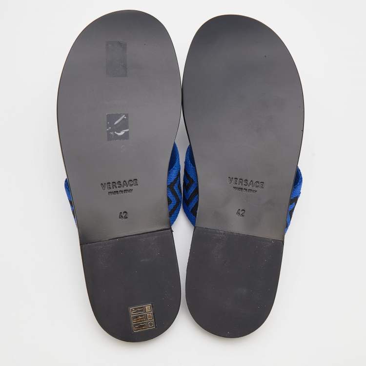 Pre Owned Versace Black/Blue Leather And Fabric Greca Flat Slide Sandals Size 42