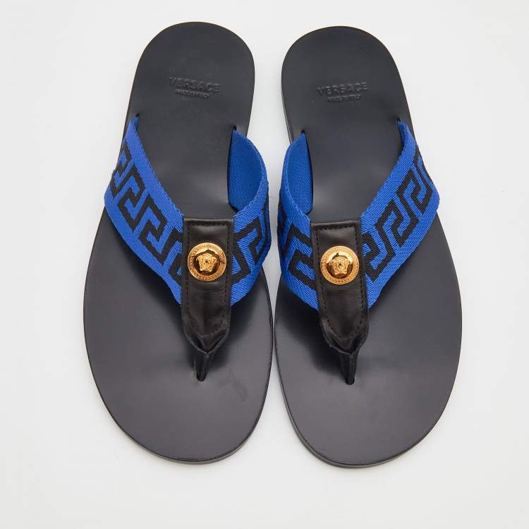 Pre Owned Versace Black/Blue Leather And Fabric Greca Flat Slide Sandals Size 42