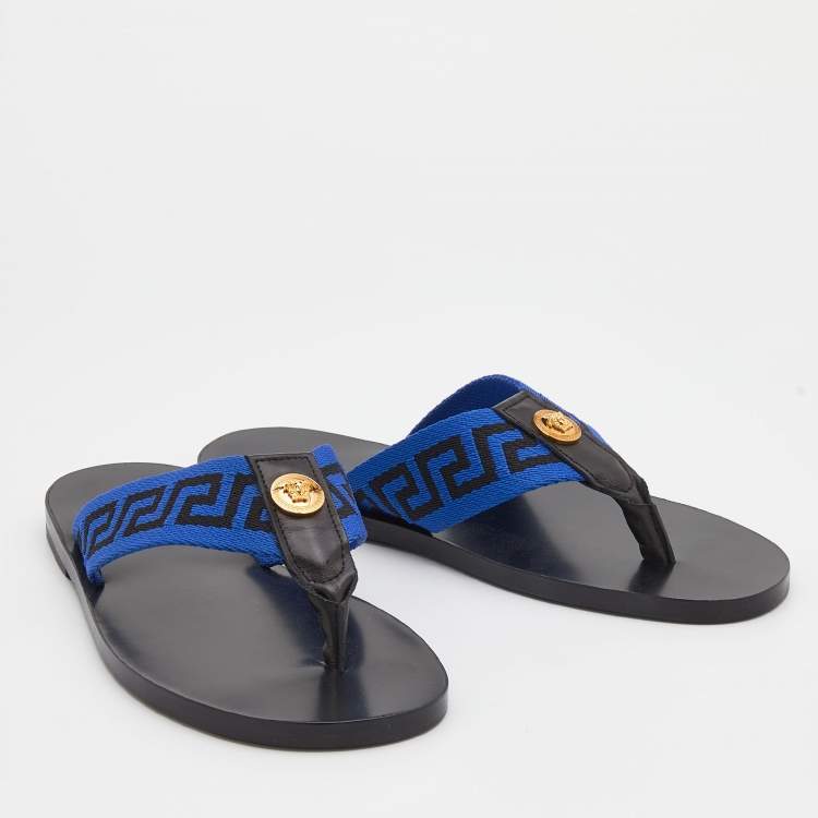 Pre Owned Versace Black/Blue Leather And Fabric Greca Flat Slide Sandals Size 42