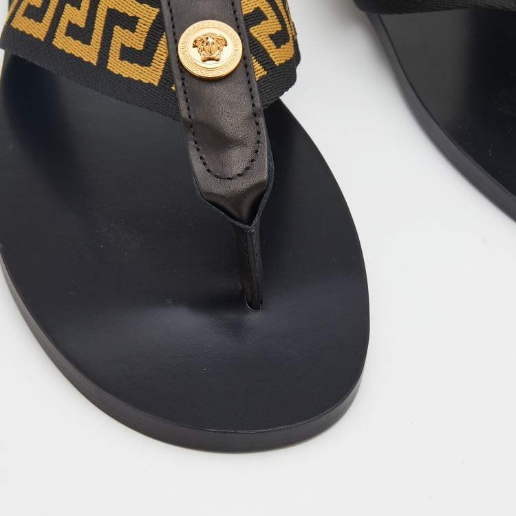 Pre Owned Versace Black/Yellow Leather And Fabric Greca Flat Slide Sandals Size 44