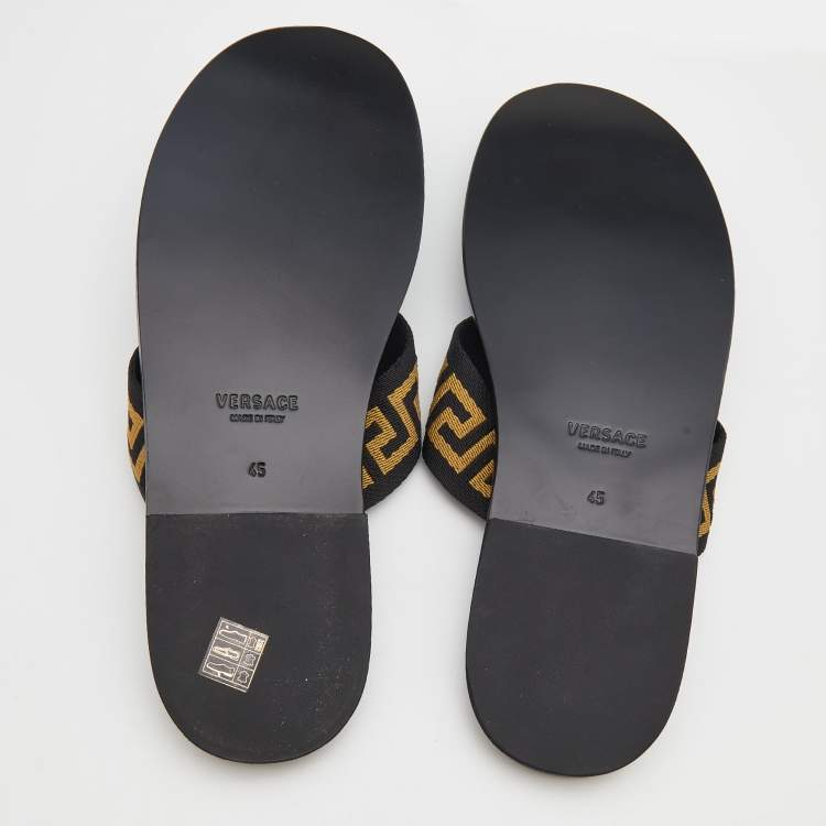 Pre Owned  Versace Black/Yellow Leather And Fabric Greca Flat Slide Sandals Size 45