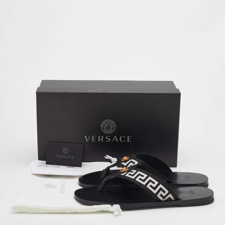 Pre Owned Versace Black/White Leather And Fabric Flat Slide Greca Sandals Size 43