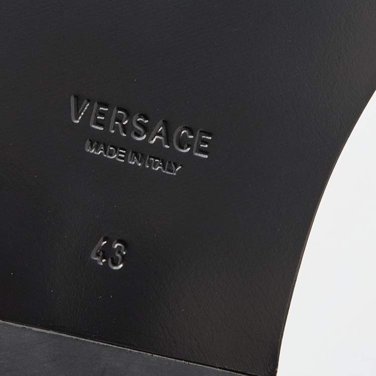 Pre Owned Versace Black/White Leather And Fabric Flat Slide Greca Sandals Size 43