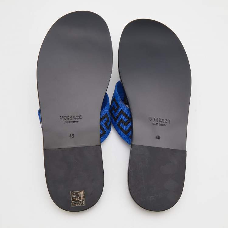 Pre Owned Versace Black/Blue Leather And Fabric Greca Flat Slide Sandals Size 45
