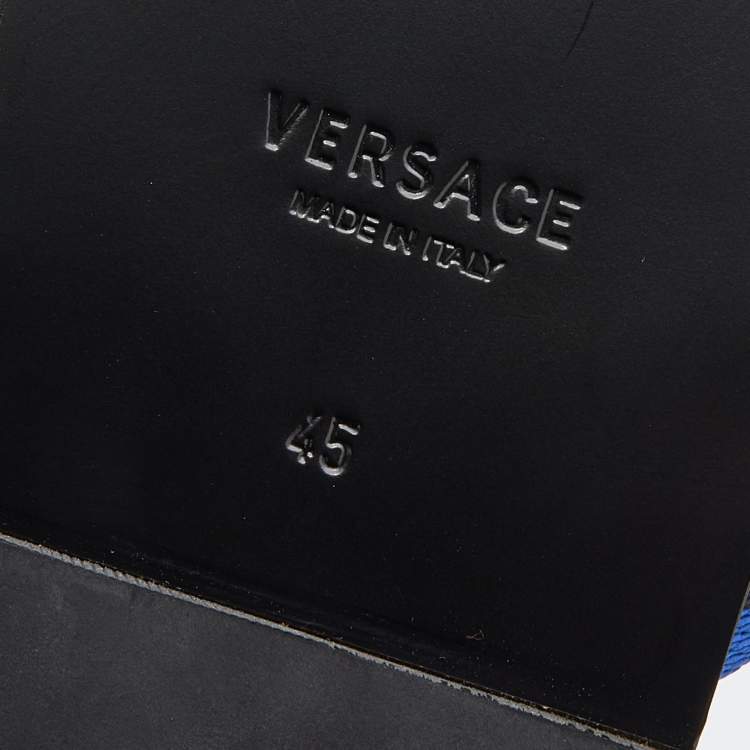 Pre Owned Versace Black/Blue Leather And Fabric Greca Flat Slide Sandals Size 45