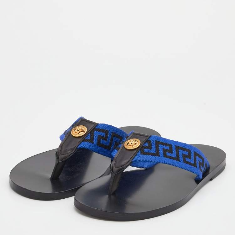 Pre Owned Versace Black/Blue Leather And Fabric Greca Flat Slide Sandals Size 45