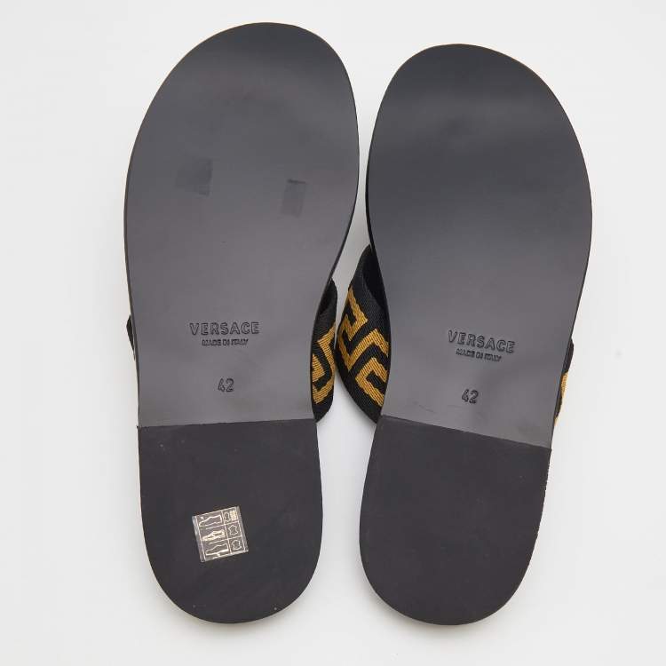 Pre Owned Versace Black/Yellow Leather And Fabric Greca Flat Slide Sandals Size 42