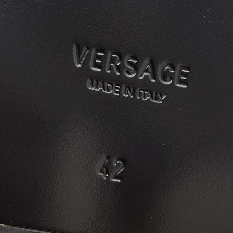 Pre Owned Versace Black/Yellow Leather And Fabric Greca Flat Slide Sandals Size 42