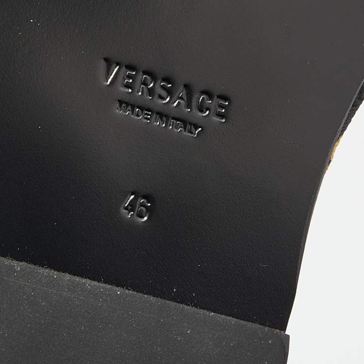 Pre Owned Versace Black/Yellow Leather And Fabric Greca Flat Slide Sandals Size 46