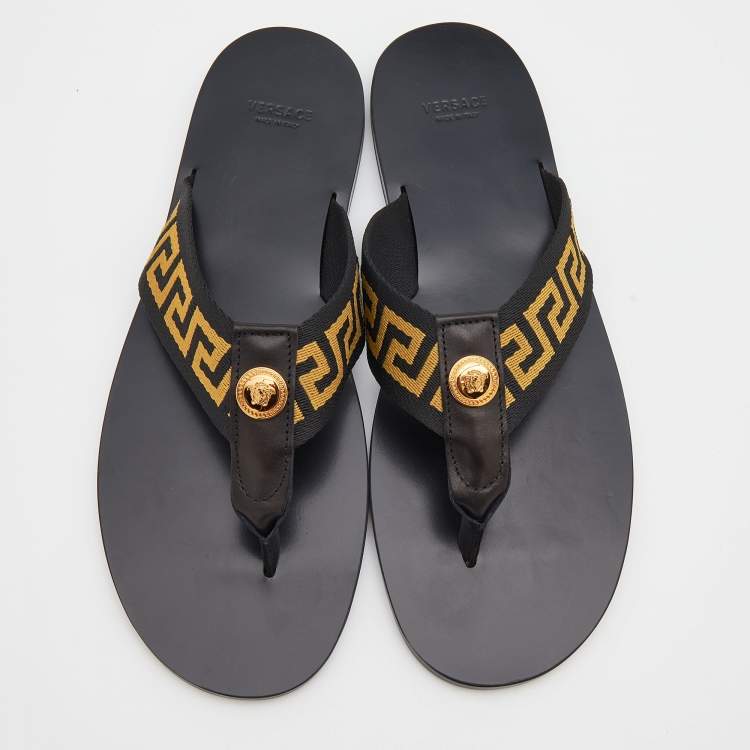 Pre Owned Versace Black/Yellow Leather And Fabric Greca Flat Slide Sandals Size 46