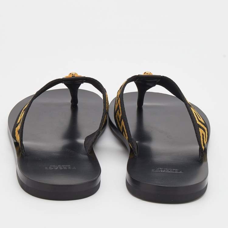 Pre Owned Versace Black/Yellow Leather And Fabric Greca Flat Slide Sandals Size 46