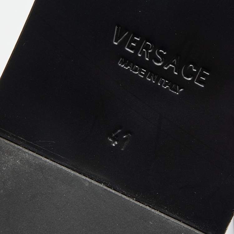 Pre Owned Versace Black/White Leather And Fabric Greca Flat Slide Sandals Size 41