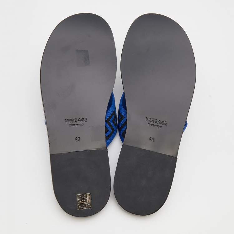 Pre Owned Versace Black/Blue Leather And Fabric Greca Flat Slide Sandals Size 43