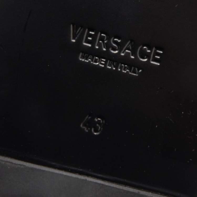 Pre Owned Versace Black/Blue Leather And Fabric Greca Flat Slide Sandals Size 43