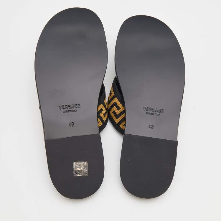 Pre Owned Versace Black/Yellow Leather And Fabric Greca Flat Slide Sandals Size 43