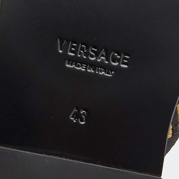 Pre Owned Versace Black/Yellow Leather And Fabric Greca Flat Slide Sandals Size 43