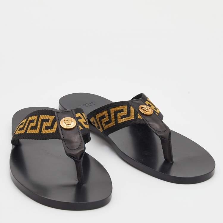 Pre Owned Versace Black/Yellow Leather And Fabric Greca Flat Slide Sandals Size 43