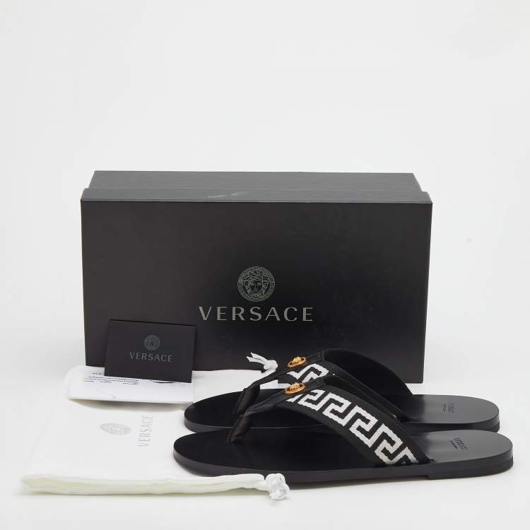 Pre Owned Versace Black/White Leather And Fabric Greca Flat Slide Sandals Size 44