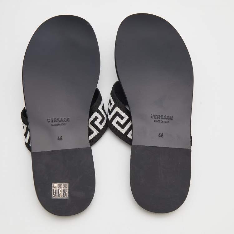 Pre Owned Versace Black/White Leather And Fabric Greca Flat Slide Sandals Size 44