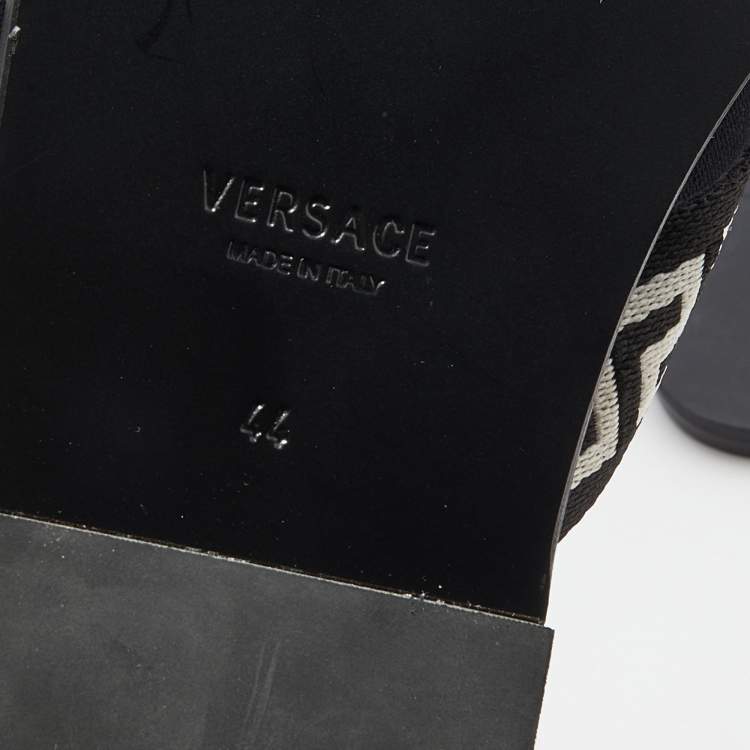 Pre Owned Versace Black/White Leather And Fabric Greca Flat Slide Sandals Size 44
