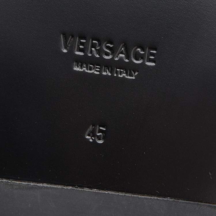 Pre Owned Versace Black/White Leather And Fabric Greca Flat Slide Sandals Size 45
