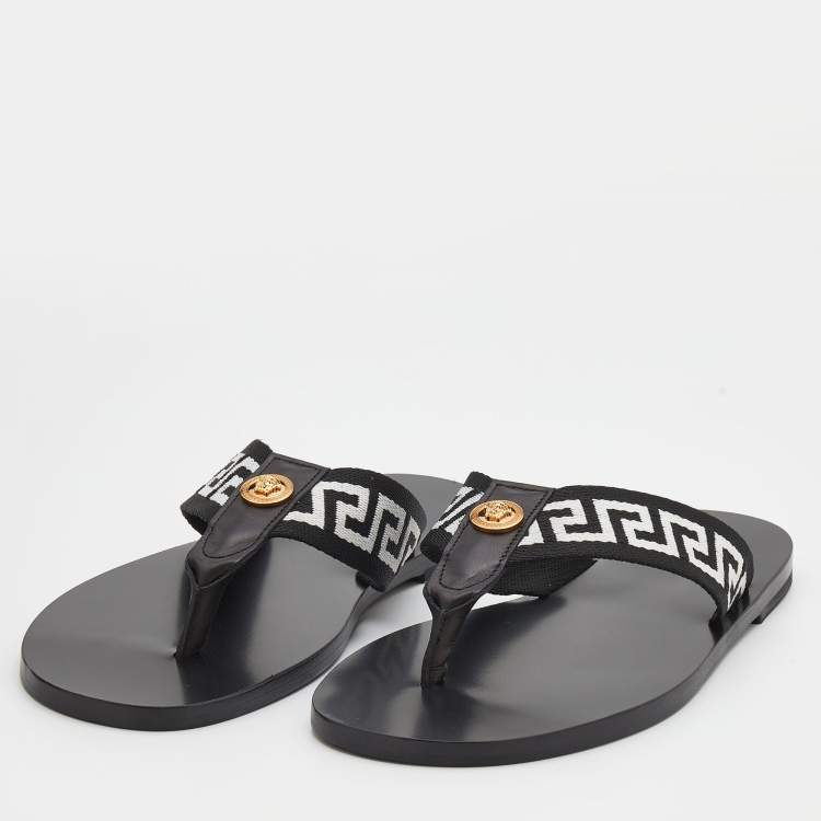 Pre Owned Versace Black/White Leather And Fabric Greca Flat Slide Sandals Size 45