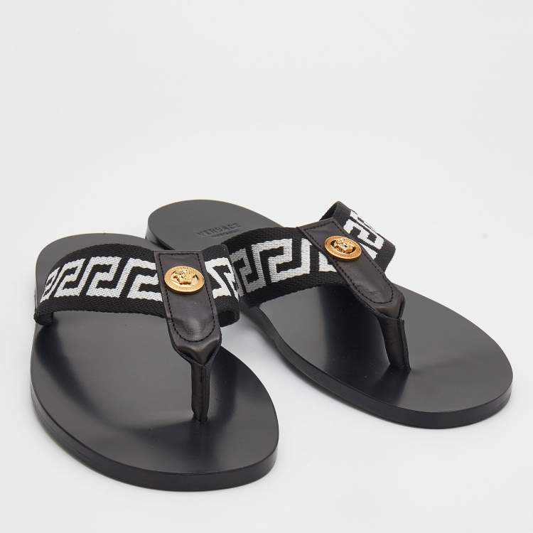 Pre Owned Versace Black/White Leather And Fabric Greca Flat Slide Sandals Size 45
