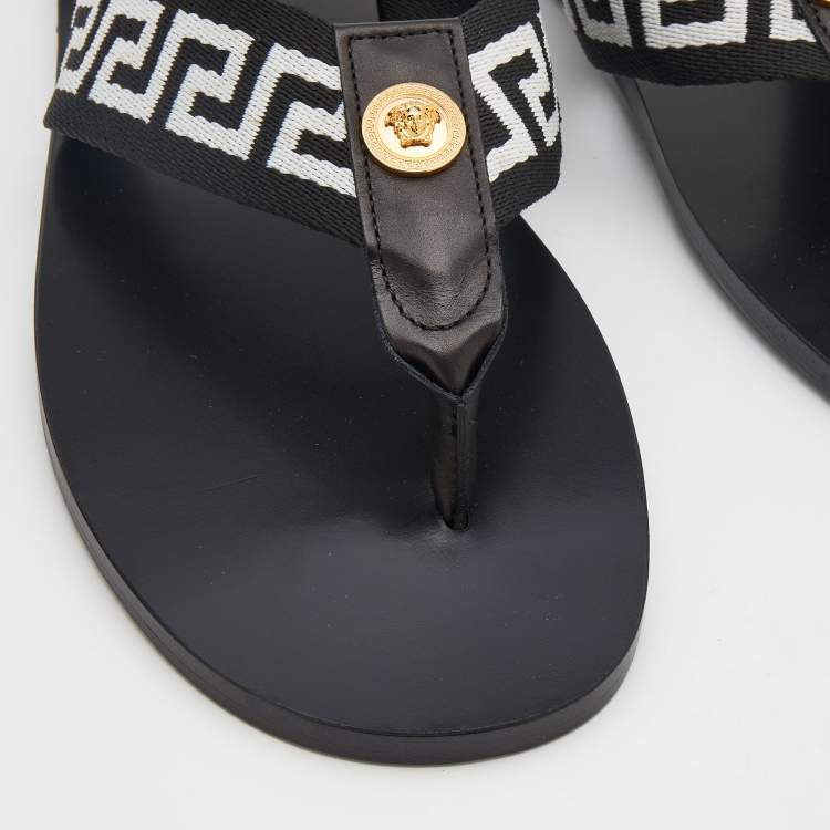 Pre Owned Versace Black/White Leather And Fabric Greca Flat Slide Sandals Size 45