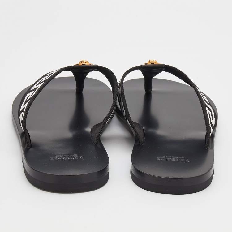 Pre Owned Versace Black/White Leather And Fabric Greca Flat Slide Sandals Size 45