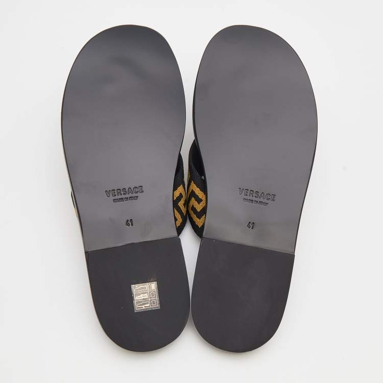Pre Owned Versace Black/Yellow Leather And Fabric Greca Flat Slide Sandals Size 41