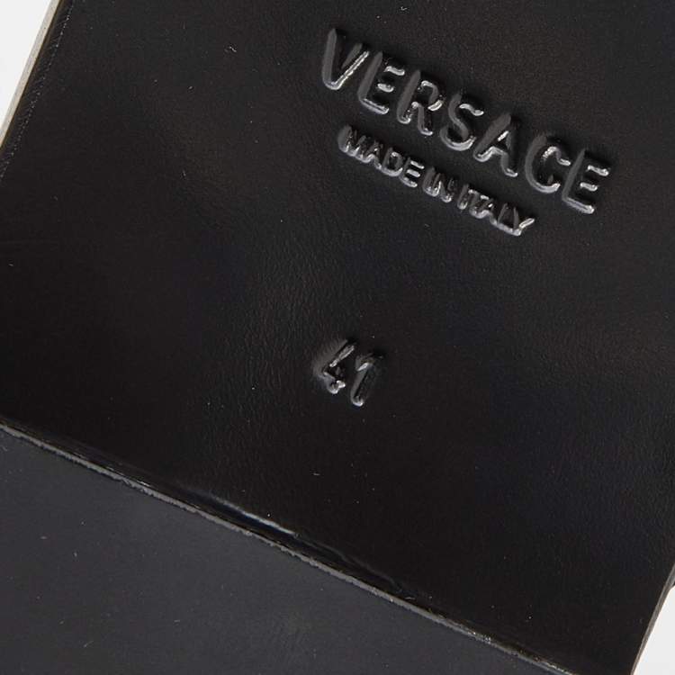 Pre Owned Versace Black/Yellow Leather And Fabric Greca Flat Slide Sandals Size 41