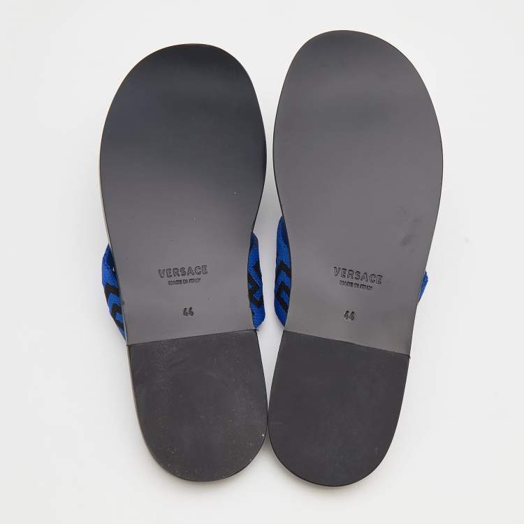 Pre Owned Versace Black/Blue Leather And Fabric Greca Flat Slide Sandals Size 44