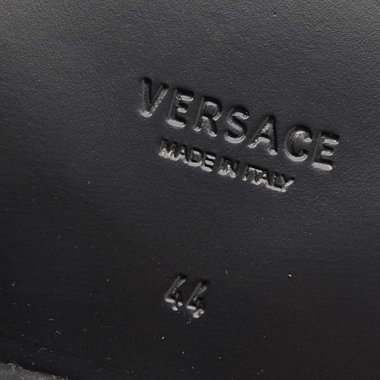 Pre Owned Versace Black/Blue Leather And Fabric Greca Flat Slide Sandals Size 44