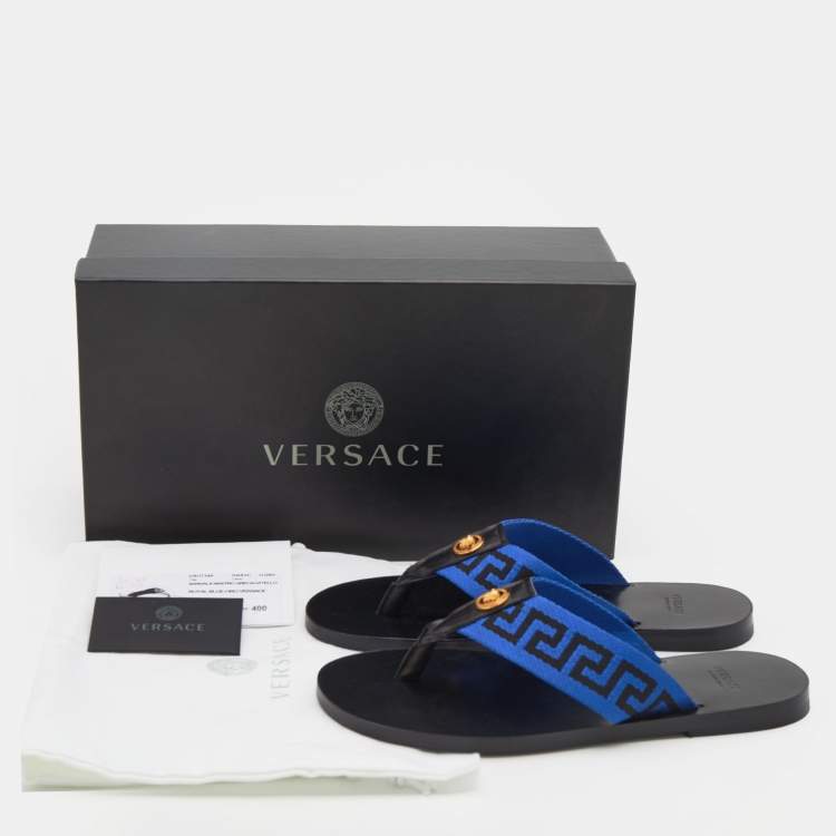 Pre Owned Versace Black/Blue Leather And Fabric Greca Flat Slide Sandals Size 44