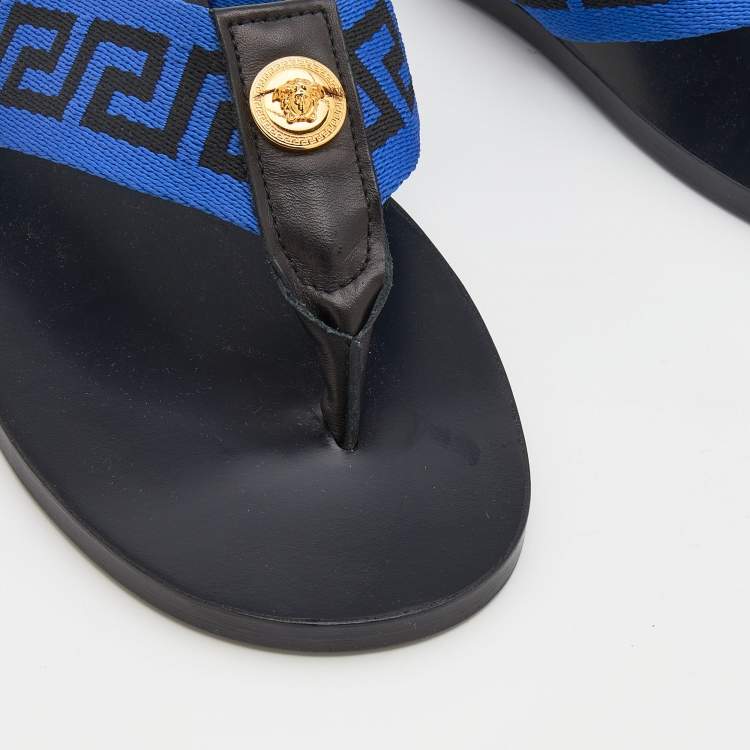 Pre Owned Versace Black/Blue Leather And Fabric Greca Flat Slide Sandals Size 44