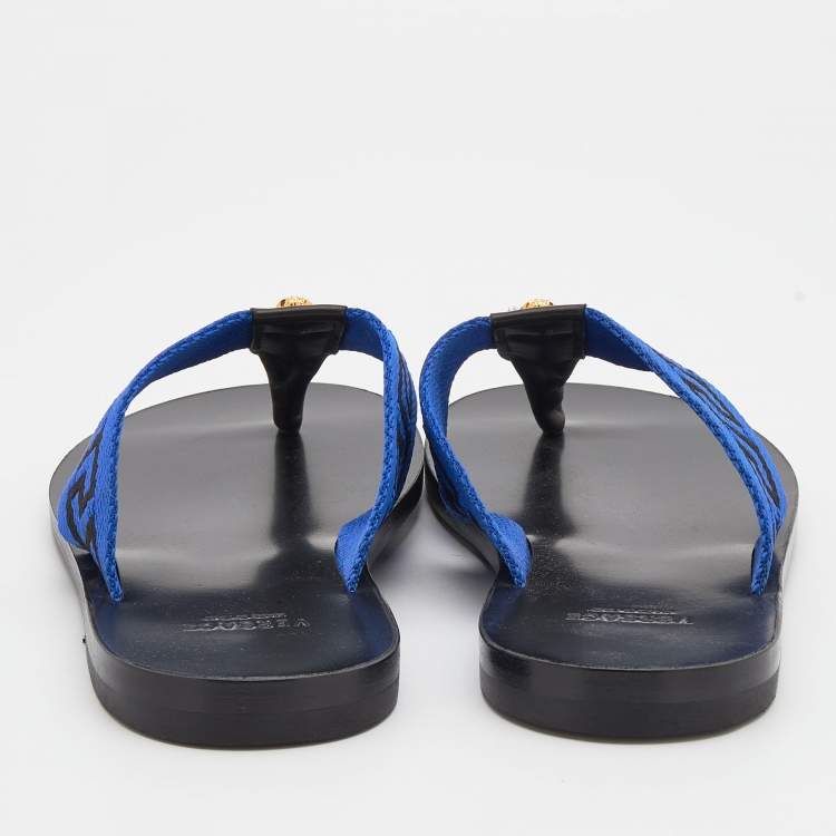 Pre Owned Versace Black/Blue Leather And Fabric Greca Flat Slide Sandals Size 44