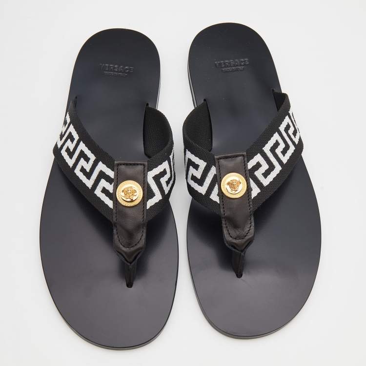 Pre Owned Versace Black/White Leather And Fabric Greca Flat Slide Sandals Size 42