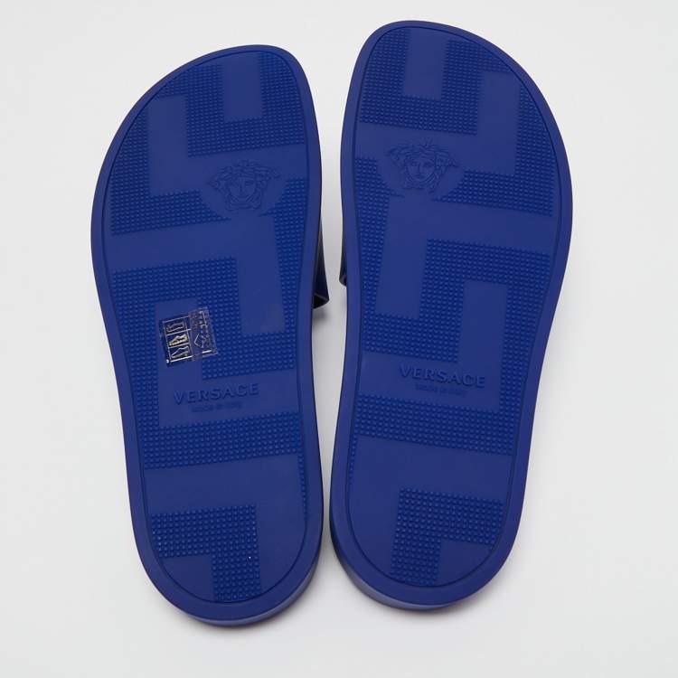 Pre Owned Versace Blue Rubber Medusa Head Flat Slides Size 46