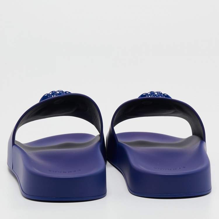 Pre Owned Versace Blue Rubber Medusa Head Flat Slides Size 46