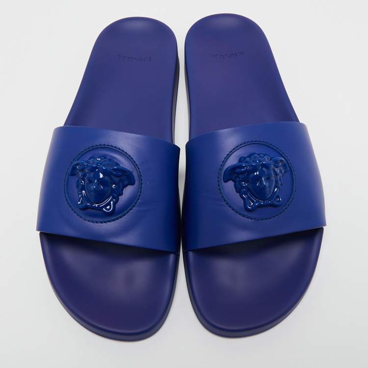 Pre Owned Versace Blue Rubber Medusa Head Flat Slides Size 46
