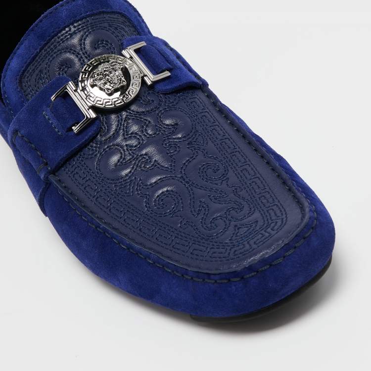 Pre Owned Versace Blue Embossed Leather and Suede Medusa Loafers Size 45