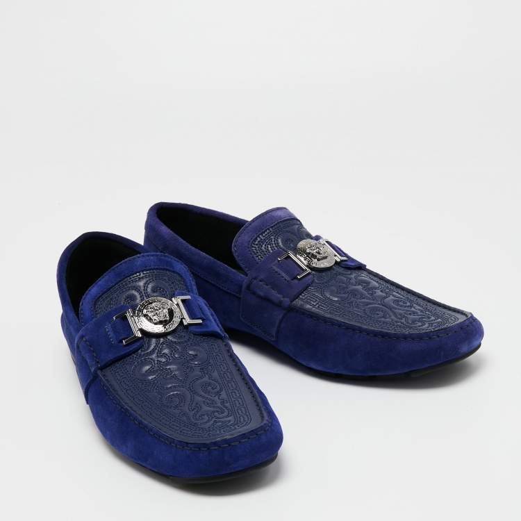 Pre Owned Versace Blue Embossed Leather and Suede Medusa Loafers Size 45