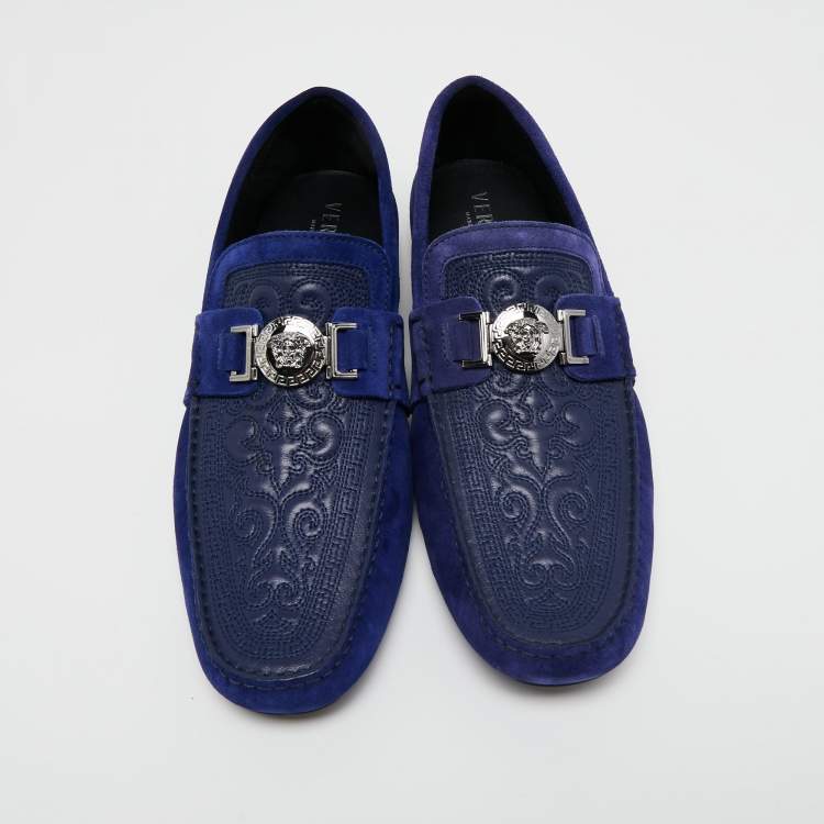 Pre Owned Versace Blue Embossed Leather and Suede Medusa Loafers Size 45