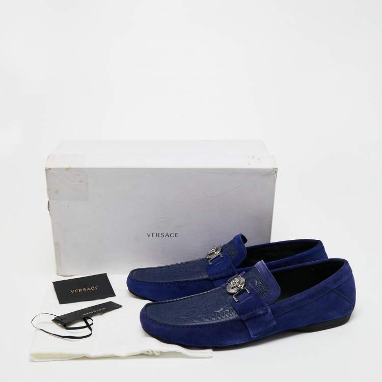 Pre Owned Versace Blue Embossed Leather and Suede Medusa Loafers Size 45