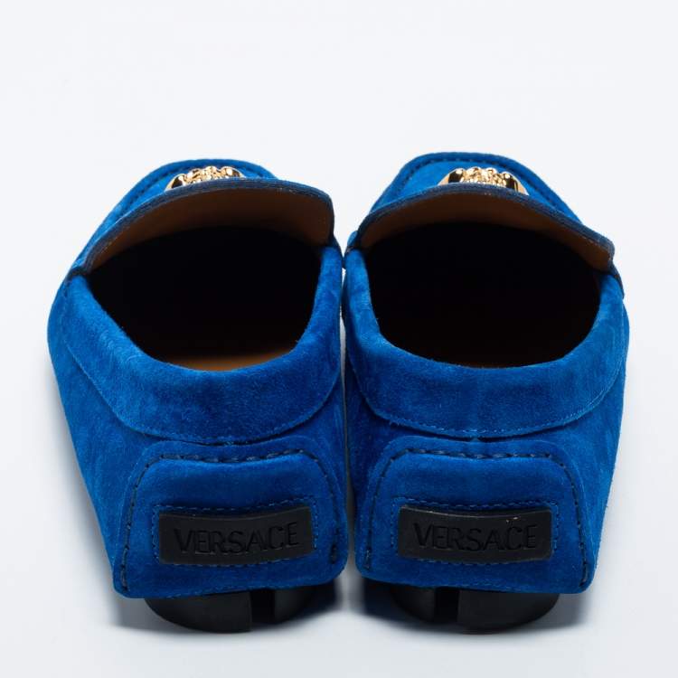 Pre Owned Versace Blue Suede Medusa Slip on Loafers Size 43