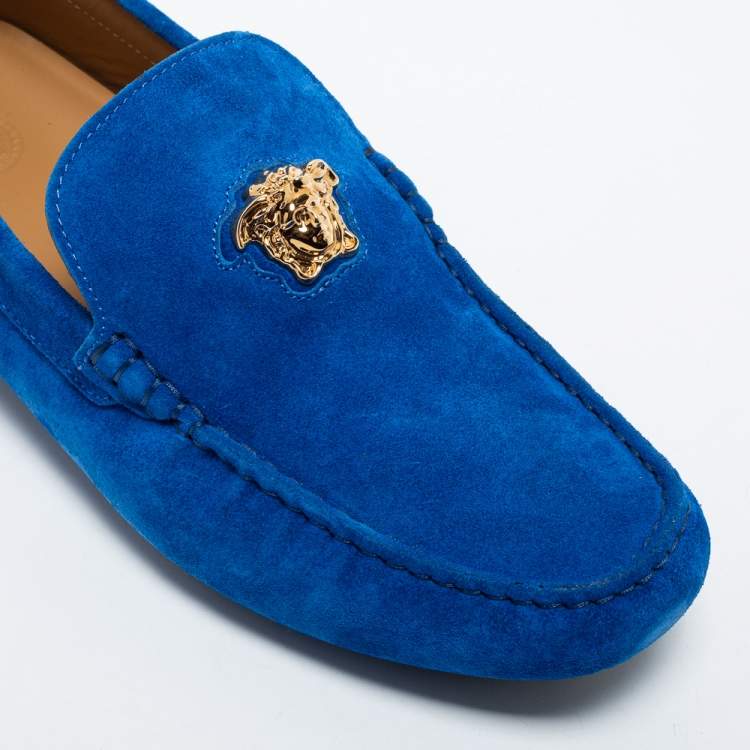 Pre Owned Versace Blue Suede Medusa Slip on Loafers Size 43