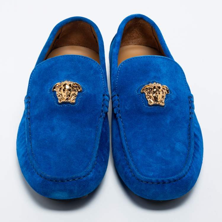 Pre Owned Versace Blue Suede Medusa Slip on Loafers Size 43
