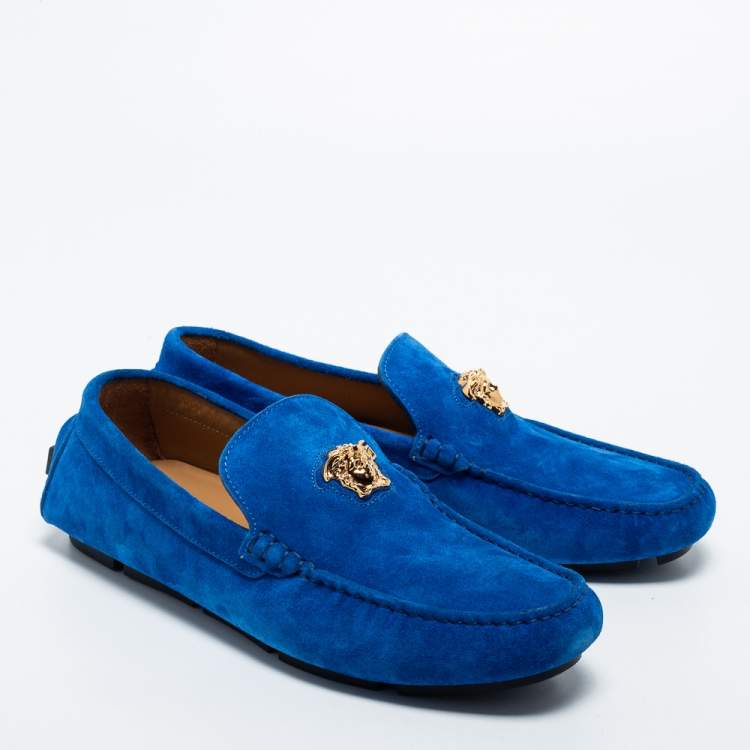 Pre Owned Versace Blue Suede Medusa Slip on Loafers Size 43